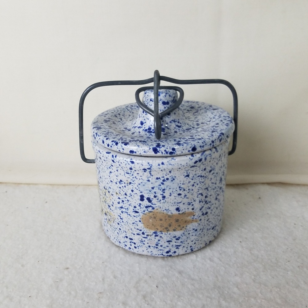 Stoneware Crock Small Blue Spatterware Lid Wire Handle vintage Farmcore butter - Picture 3 of 8